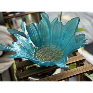 Alan Iridescent Turquoise Art Glass Sunflower bowl- Turkish